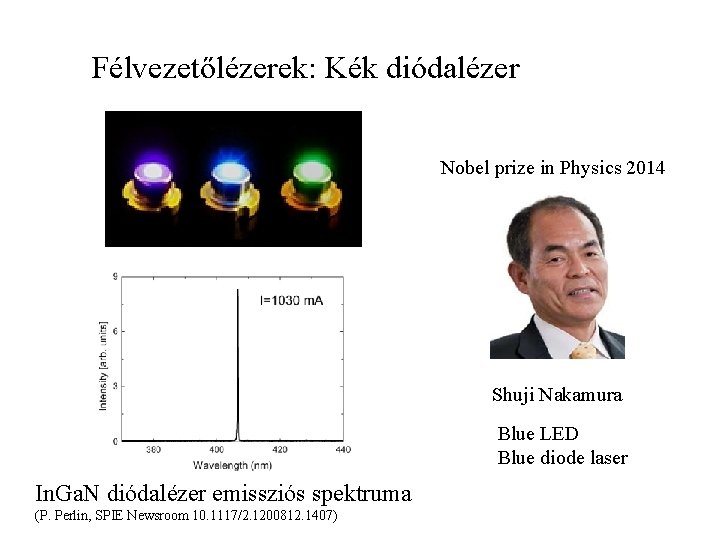 Félvezetőlézerek: Kék diódalézer Nobel prize in Physics 2014 Shuji Nakamura Blue LED Blue diode