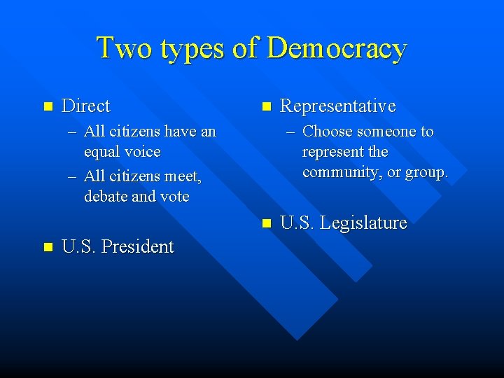 Two types of Democracy n Direct n – All citizens have an equal voice