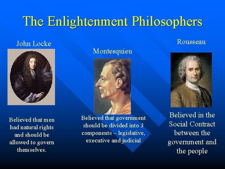 The Enlightenment Philosophers John Locke Believed that men had natural rights and should be