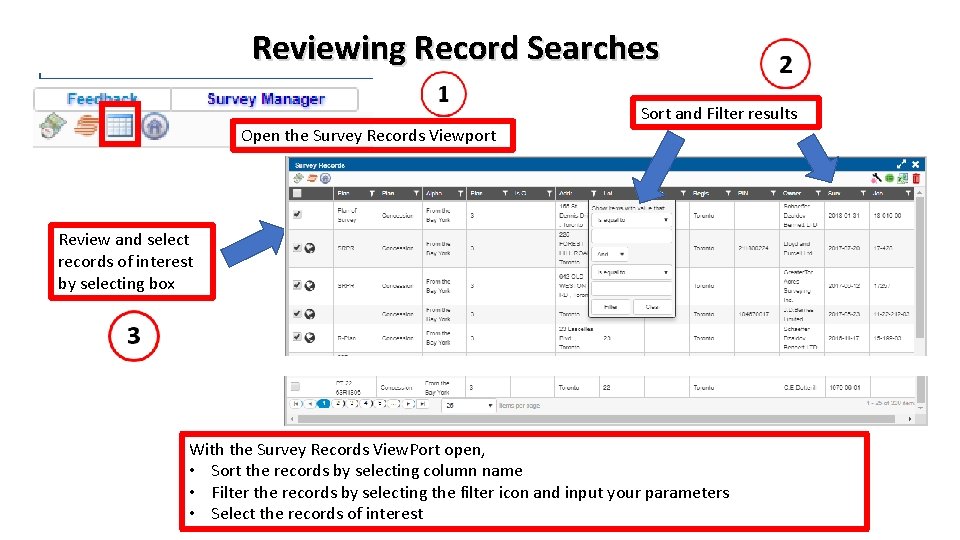 Reviewing Record Searches Sort and Filter results Open the Survey Records Viewport Review and