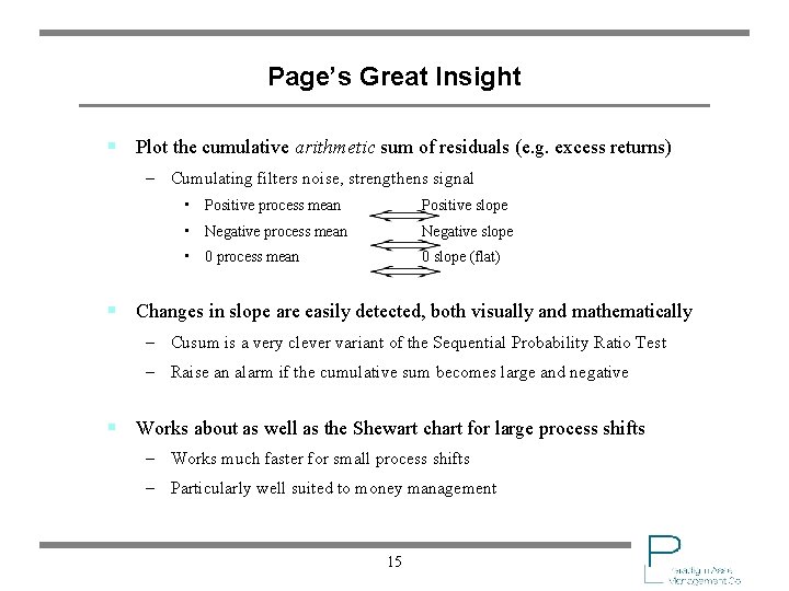 Page’s Great Insight § Plot the cumulative arithmetic sum of residuals (e. g. excess