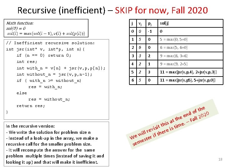 Recursive (inefficient) – SKIP for now, Fall 2020 // Inefficient recursive solution: int jsr(int*