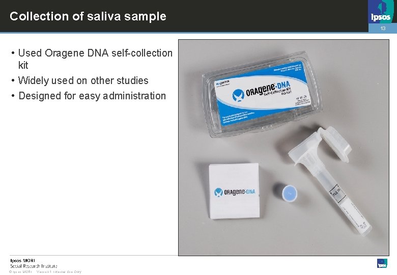 Collection of saliva sample 13 • Used Oragene DNA self-collection kit • Widely used