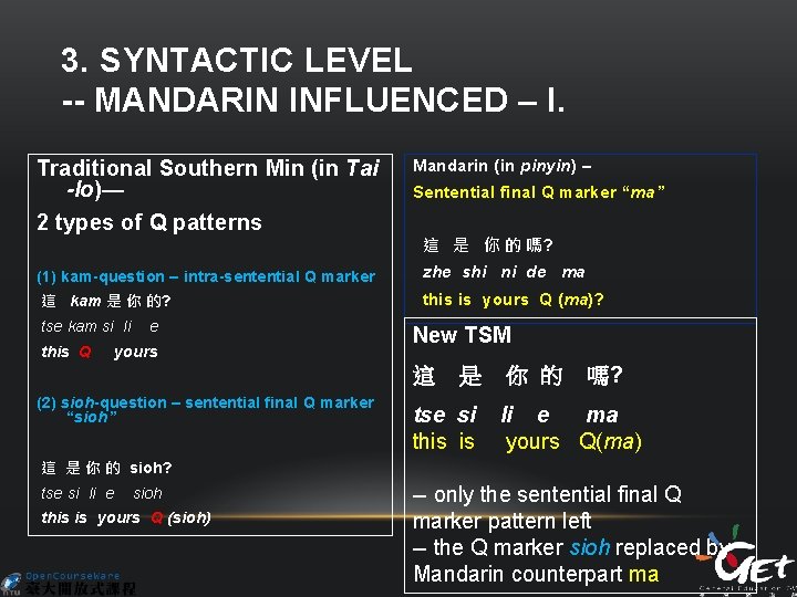 3. SYNTACTIC LEVEL -- MANDARIN INFLUENCED – I. Traditional Southern Min (in Tai -lo)—