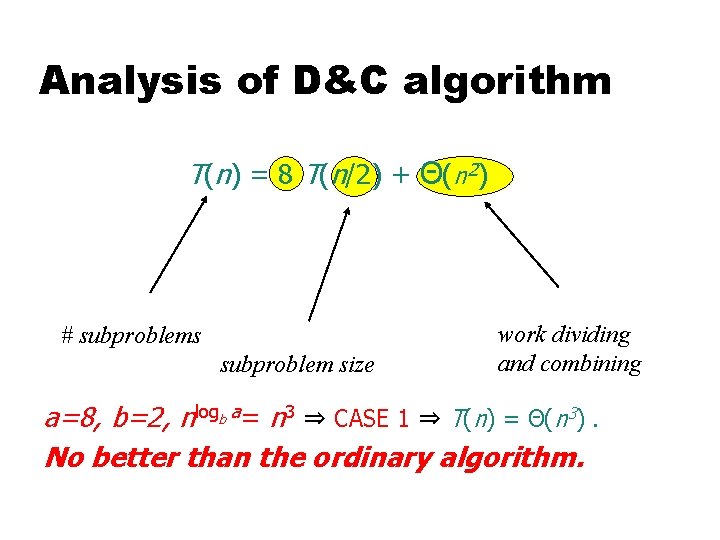 Analysis of D&C algorithm T(n) = 8 T(n/2) + Θ(n 2) # subproblems subproblem