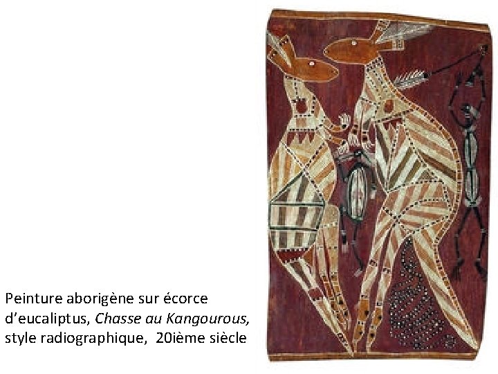 Peinture aborigène sur écorce d’eucaliptus, Chasse au Kangourous, style radiographique, 20 ième siècle 