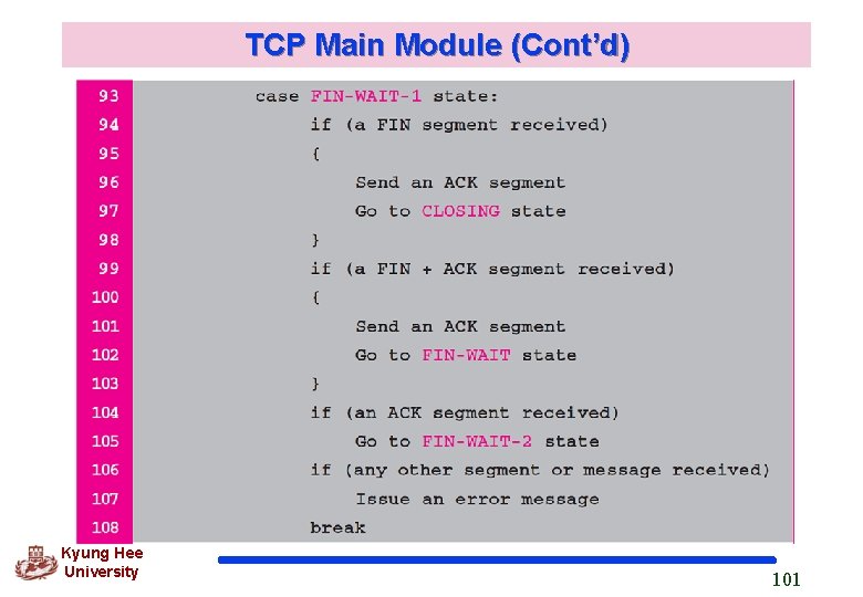 TCP Main Module (Cont’d) Kyung Hee University 101 