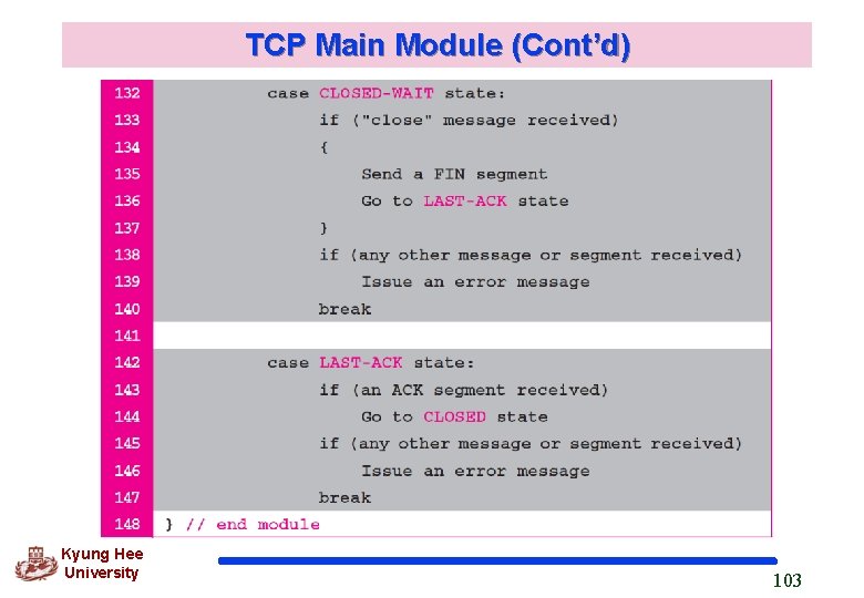 TCP Main Module (Cont’d) Kyung Hee University 103 