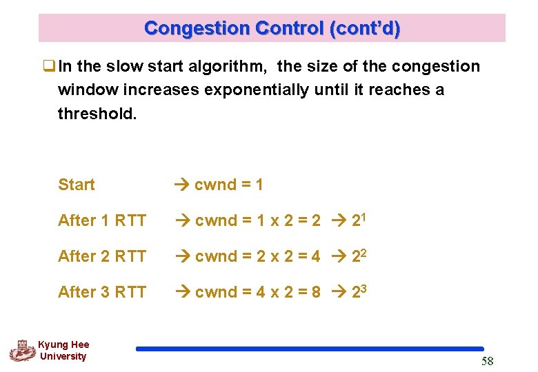 Congestion Control (cont’d) q. In the slow start algorithm, the size of the congestion