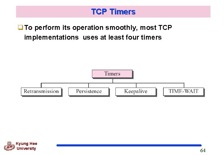 TCP Timers q. To perform its operation smoothly, most TCP implementations uses at least
