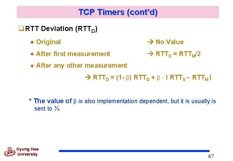 TCP Timers (cont’d) q. RTT Deviation (RTTD) Original No Value After first measurement RTTD