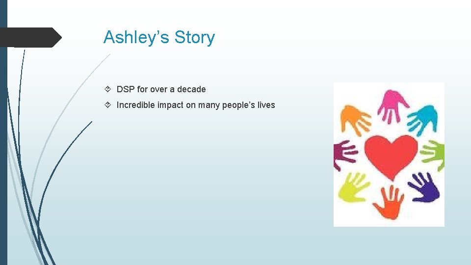 Ashley’s Story DSP for over a decade Incredible impact on many people’s lives 