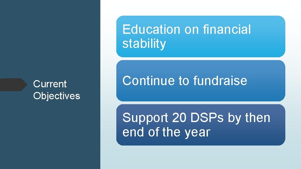 Education on financial stability Current Objectives Continue to fundraise Support 20 DSPs by then