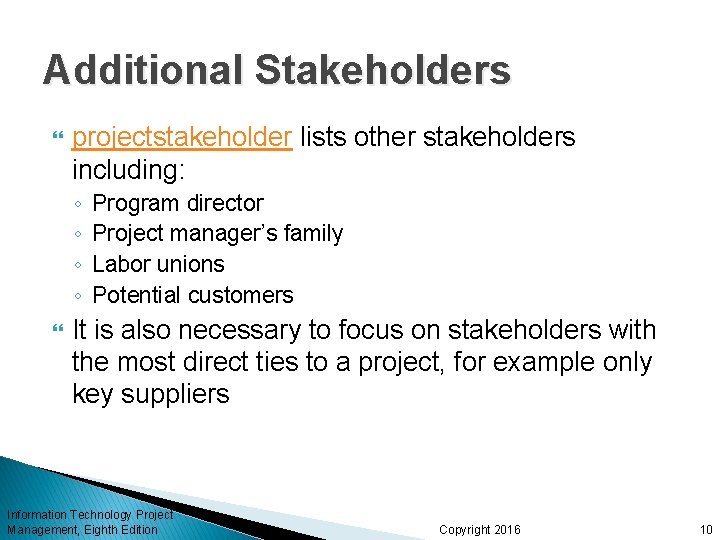 Additional Stakeholders projectstakeholder lists other stakeholders including: ◦ ◦ Program director Project manager’s family