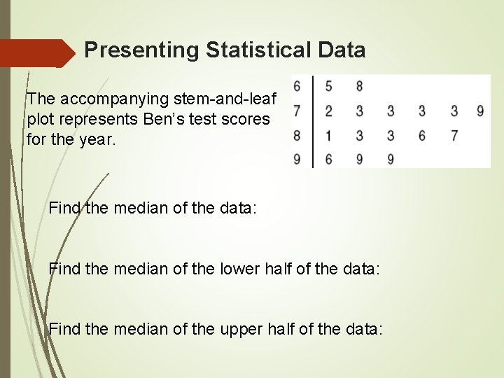 Presenting Statistical Data The accompanying stem-and-leaf plot represents Ben’s test scores for the year.