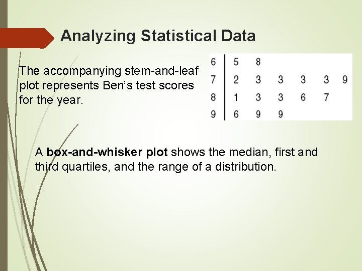 Analyzing Statistical Data The accompanying stem-and-leaf plot represents Ben’s test scores for the year.