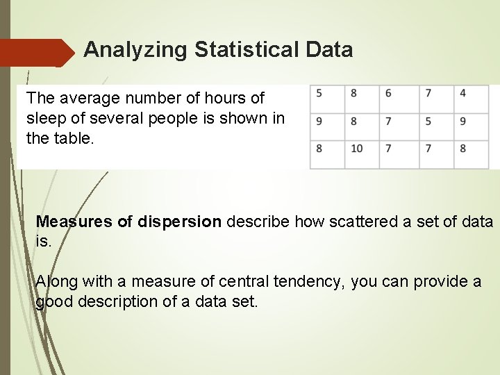 Analyzing Statistical Data The average number of hours of sleep of several people is