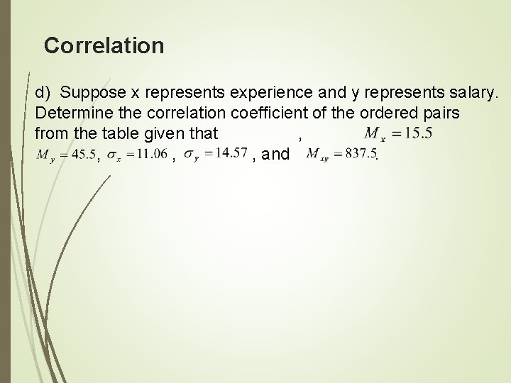 Correlation d) Suppose x represents experience and y represents salary. Determine the correlation coefficient