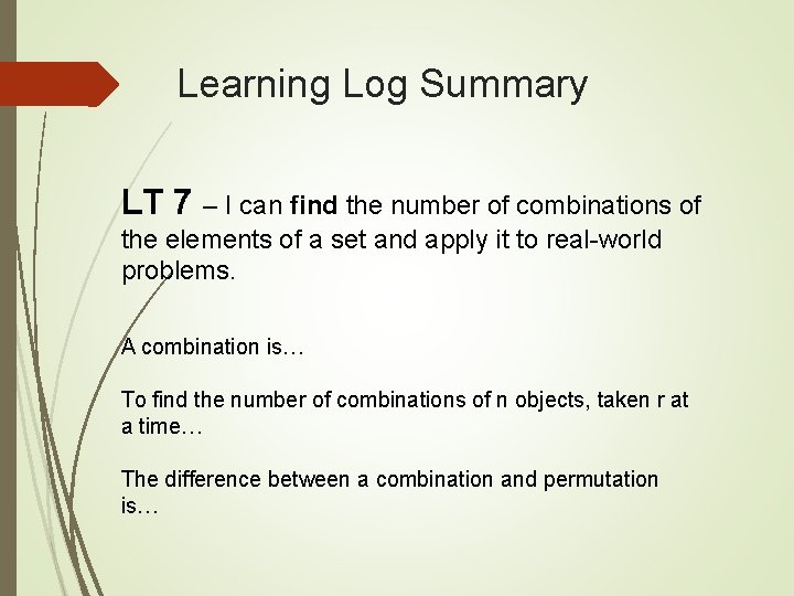 Learning Log Summary LT 7 – I can find the number of combinations of