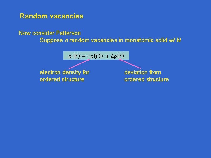 Random vacancies Now consider Patterson Suppose n random vacancies in monatomic solid w/ N Random vacancies Now consider Patterson Suppose n random vacancies in monatomic solid w/ N