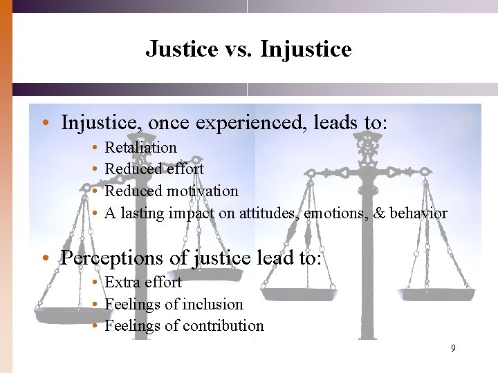 Justice vs. Injustice • Injustice, once experienced, leads to: • • Retaliation Reduced effort