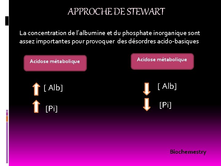 APPROCHE DE STEWART La concentration de l’albumine et du phosphate inorganique sont assez importantes