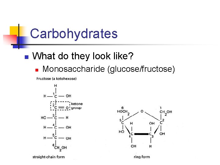 Carbohydrates n What do they look like? n Monosaccharide (glucose/fructose) 