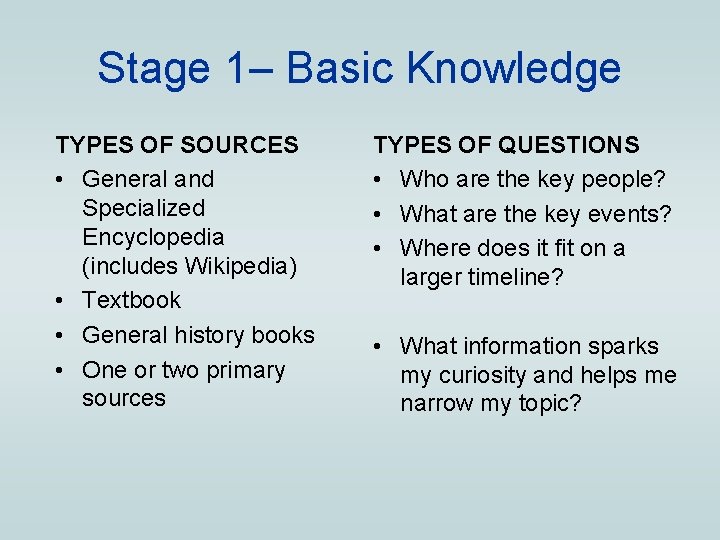 Stage 1– Basic Knowledge TYPES OF SOURCES • General and Specialized Encyclopedia (includes Wikipedia)