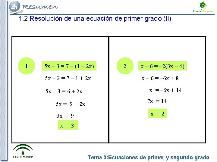 1. 2 Resolución de una ecuación de primer grado (II) 1 5 x –