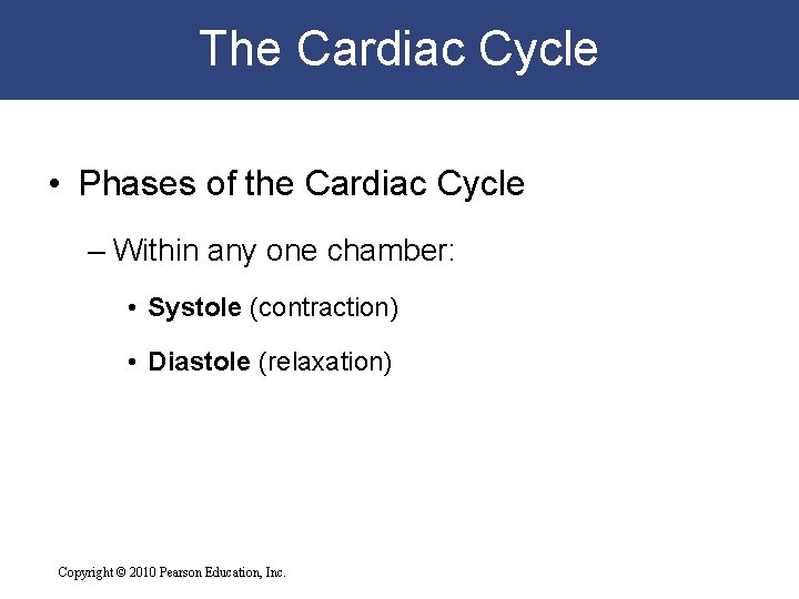 The Cardiac Cycle • Phases of the Cardiac Cycle – Within any one chamber: The Cardiac Cycle • Phases of the Cardiac Cycle – Within any one chamber: