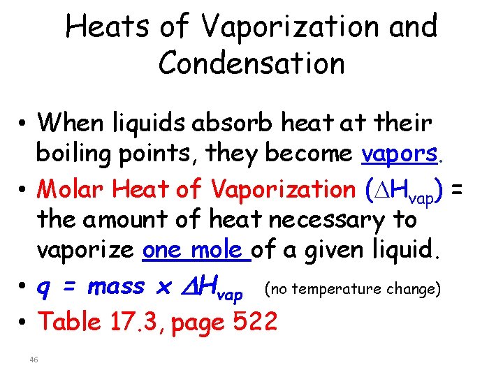 Heats of Vaporization and Condensation • When liquids absorb heat at their boiling points,