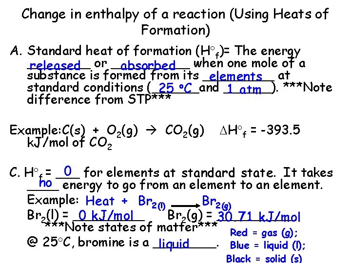 Change in enthalpy of a reaction (Using Heats of Formation) A. Standard heat of