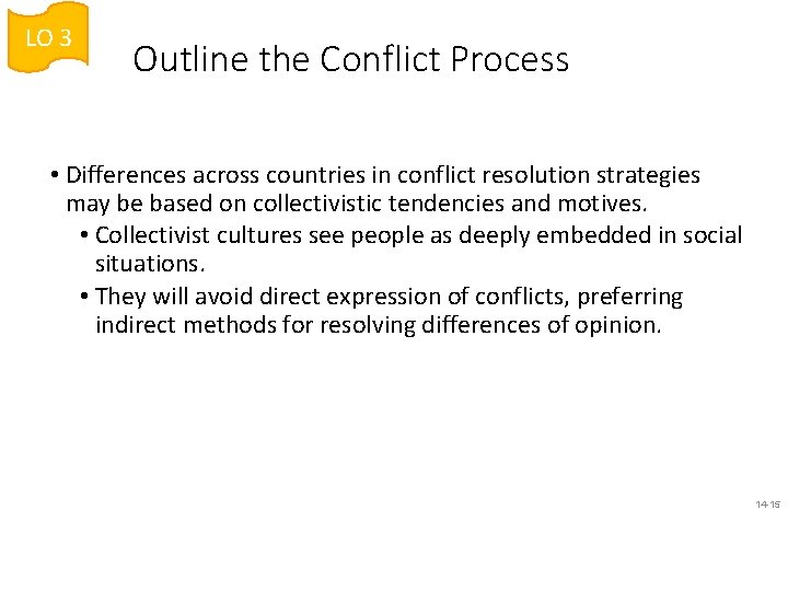 LO 3 Outline the Conflict Process • Differences across countries in conflict resolution strategies