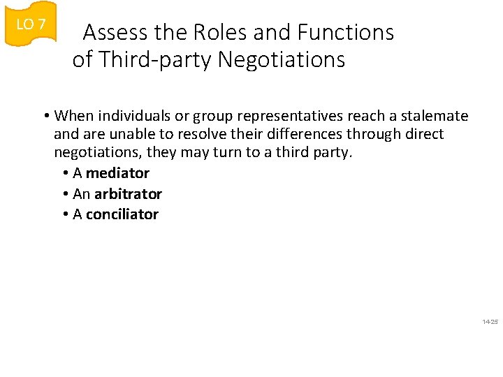 LO 7 Assess the Roles and Functions of Third-party Negotiations • When individuals or