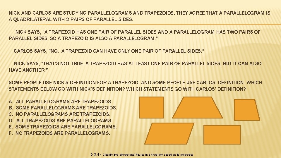 NICK AND CARLOS ARE STUDYING PARALLELOGRAMS AND TRAPEZOIDS. THEY AGREE THAT A PARALLELOGRAM IS