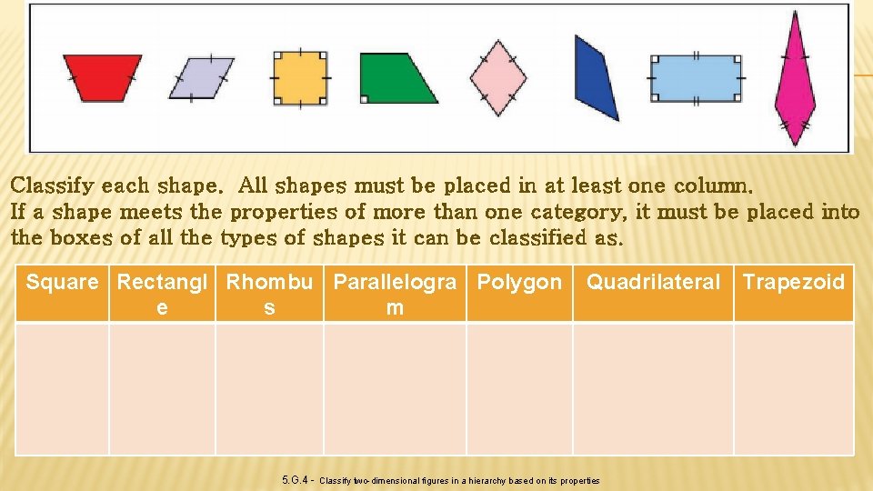 Classify each shape. All shapes must be placed in at least one column. If