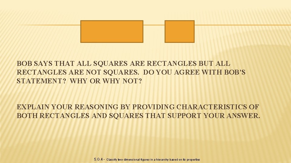 BOB SAYS THAT ALL SQUARES ARE RECTANGLES BUT ALL RECTANGLES ARE NOT SQUARES. DO