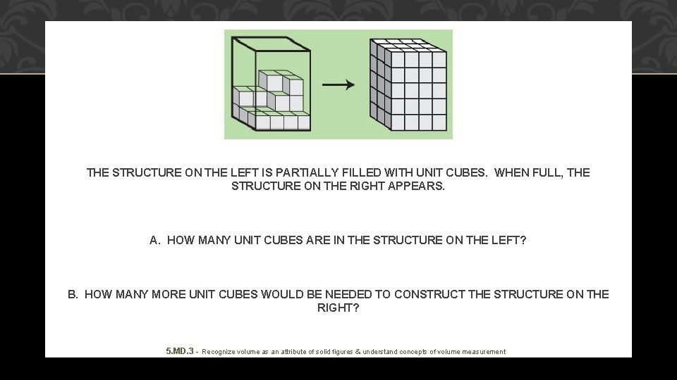 THE STRUCTURE ON THE LEFT IS PARTIALLY FILLED WITH UNIT CUBES. WHEN FULL, THE