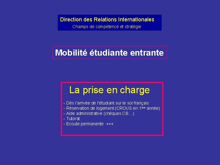 Direction des Relations Internationales Champs de compétence et stratégie Mobilité étudiante entrante La prise