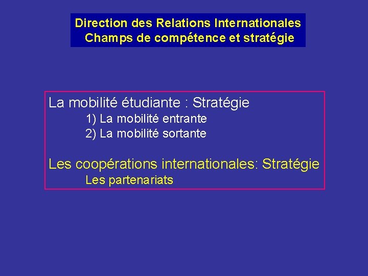 Direction des Relations Internationales Champs de compétence et stratégie La mobilité étudiante : Stratégie