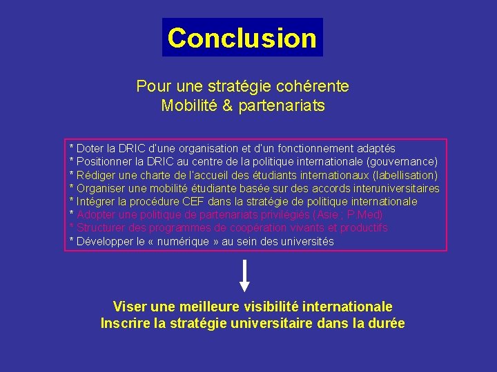 Conclusion Pour une stratégie cohérente Mobilité & partenariats * Doter la DRIC d’une organisation