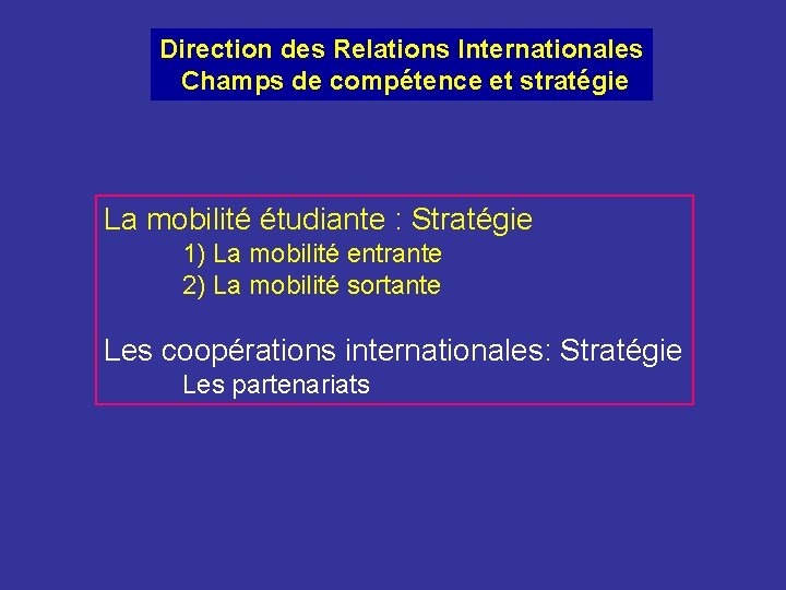 Direction des Relations Internationales Champs de compétence et stratégie La mobilité étudiante : Stratégie