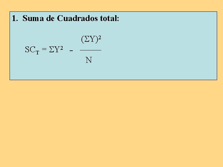 1. Suma de Cuadrados total: SCT = Y 2 ( Y)2 – N 