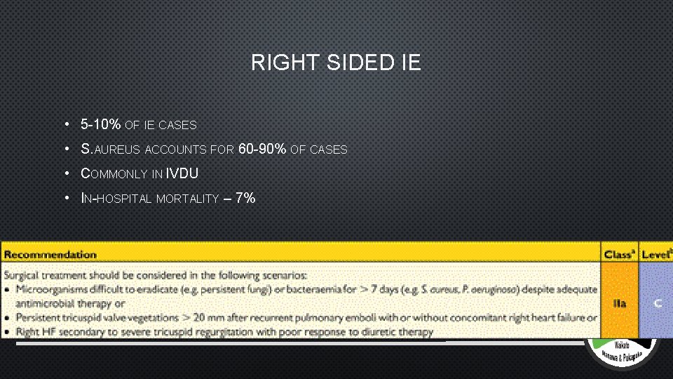 RIGHT SIDED IE • 5 -10% OF IE CASES • S. AUREUS ACCOUNTS FOR