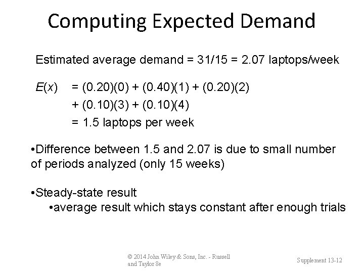 Computing Expected Demand Estimated average demand = 31/15 = 2. 07 laptops/week E(x) =
