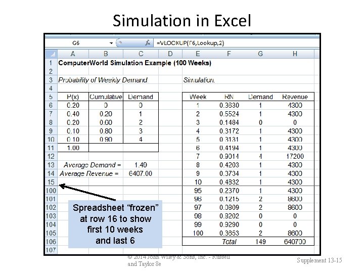 Simulation in Excel Spreadsheet “frozen” at row 16 to show first 10 weeks and
