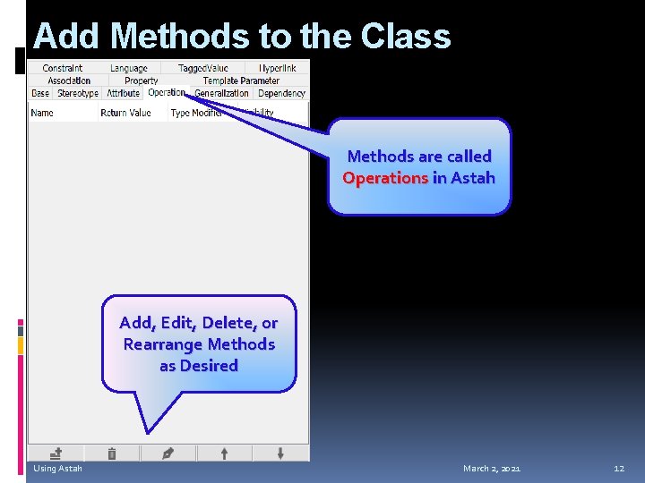 Add Methods to the Class Methods are called Operations in Astah Add, Edit, Delete,