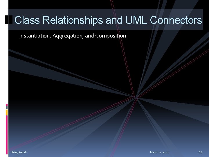 Class Relationships and UML Connectors Instantiation, Aggregation, and Composition Using Astah March 2, 2021