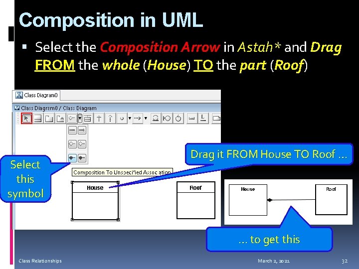 Composition in UML Select the Composition Arrow in Astah* and Drag FROM the whole