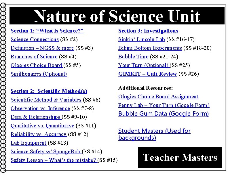 Nature of Science Unit Section 1: “What is Science? ” Science Connections (SS #2)